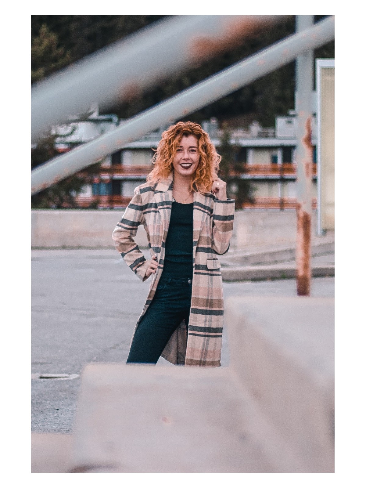 Manteau beige ?� carreaux style boyfriend