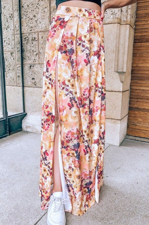 Longue jupe taille haute à fleurs