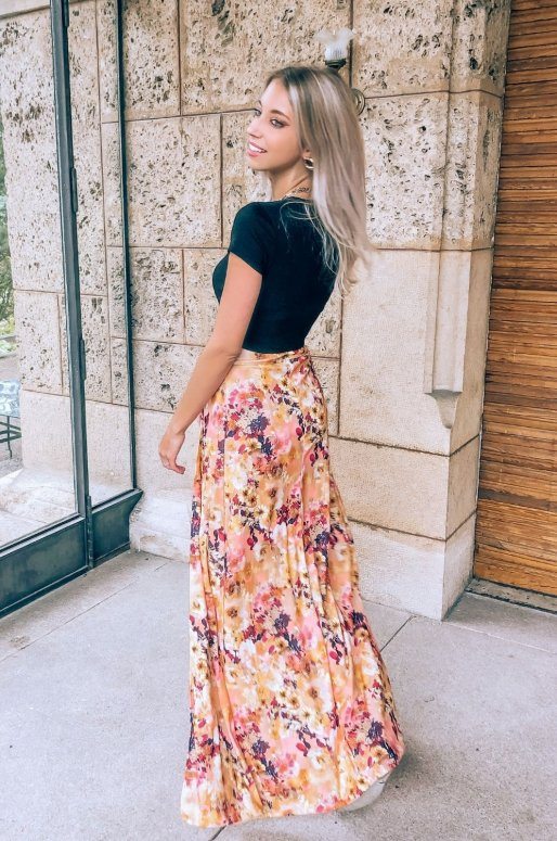 Longue jupe taille haute à fleurs