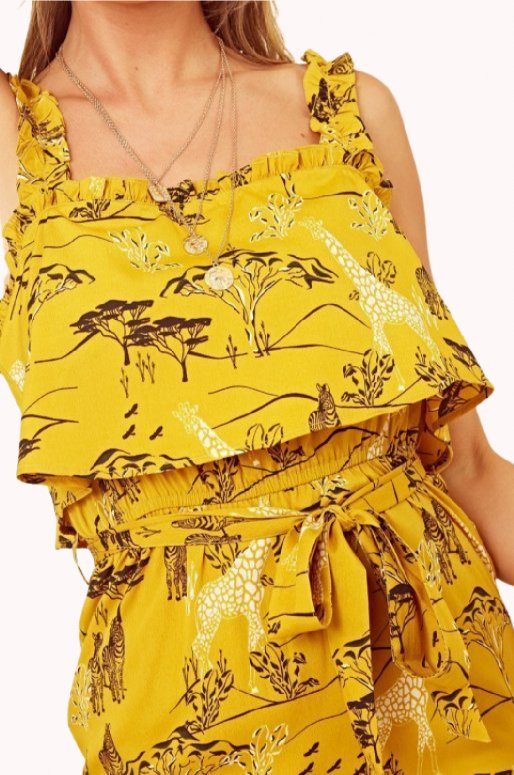 Robe jaune à volants, imprimé safari