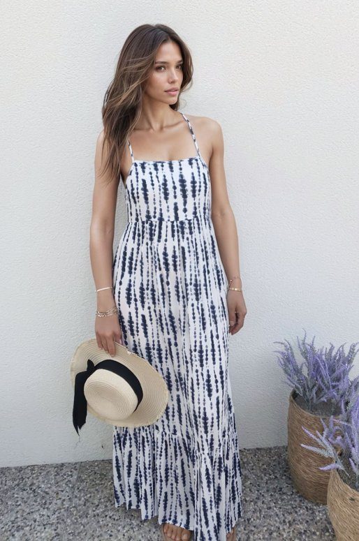 Longue robe trapèze imprimé bleu et blanc