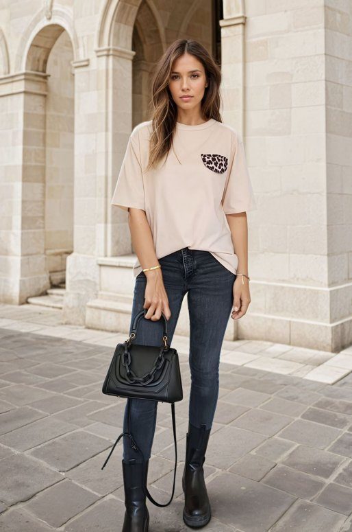 T-shirt beige avec poche imprimé léopard