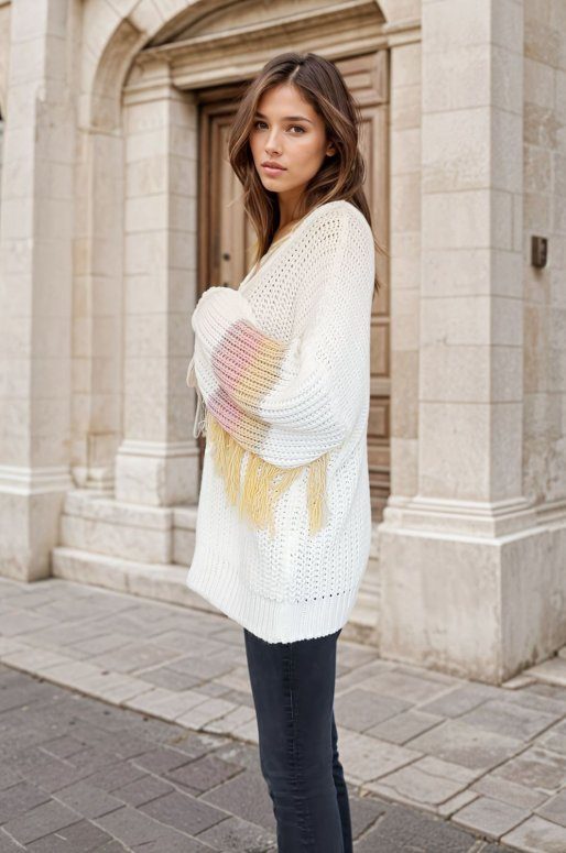 Cardigan en maille de couleur beige avec franges