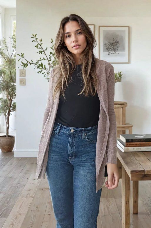 Long cardigan ouvert de couleur moka