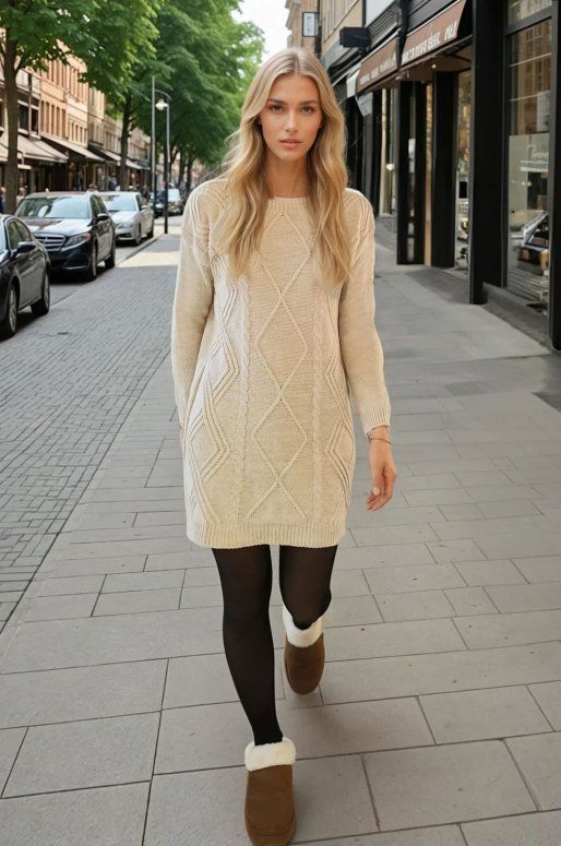 Robe pull beige en maille torsadée