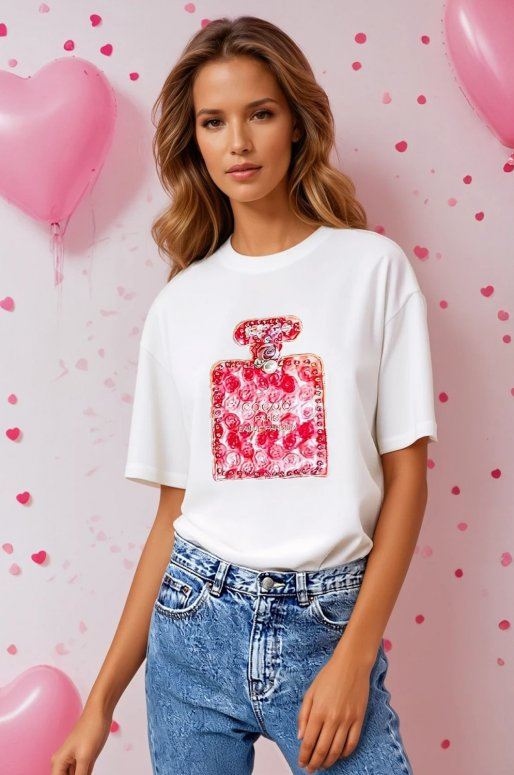 T-shirt blanc orné d'une bouteille de parfum