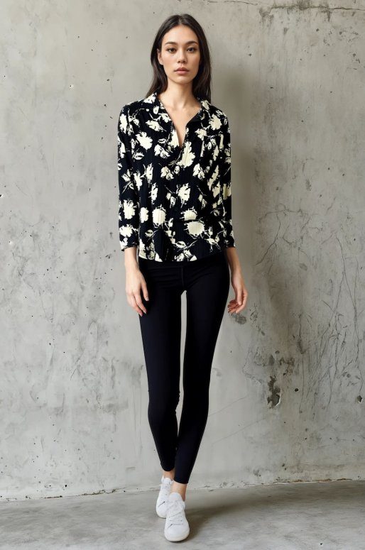 Blouse manches longues imprimé fleuri noir et blanc