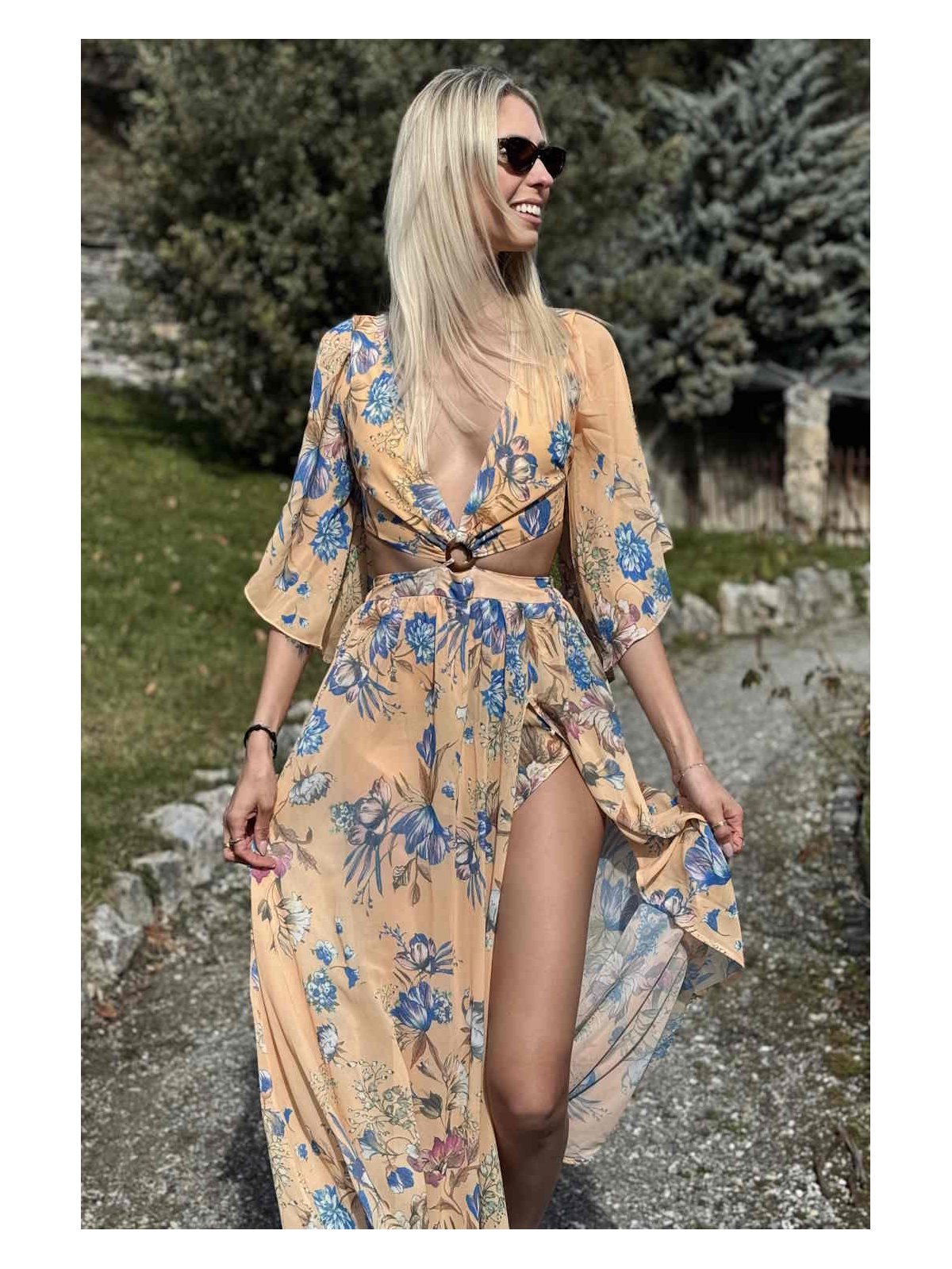Robe longue fendue à imprimé fleuri taupe main image 1